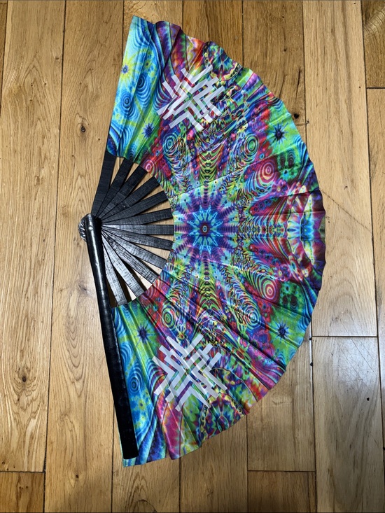 I Heart Raves Accessories - Large Handheld Decorative Fan in Multicolor Psychedelic Print Raves Dubstep